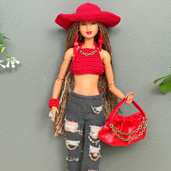 Ripped jeans pants with chains crocheted red summer top chains red hat faux leather red bag chains for Barbie nu face fashion royalty dolls