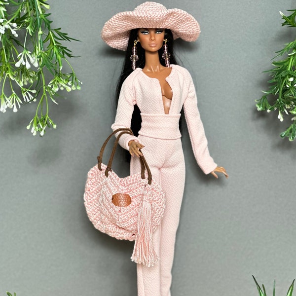 Soft pink pastel pink jumpsuit crocheted pastel pink bag with tassle soft pink hat earrings for Barbie nu face fashion royalty dolls