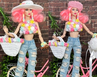 Ripped jeans pants crocheted top hat bag with flowers earrings for Barbie poppy Parker nu face dolls