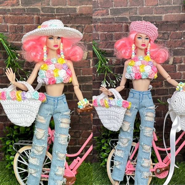 Pantalon jeans déchirés au crochet sac chapeau haut de forme avec boucles d'oreilles fleurs pour poupées Barbie pavot Parker nu face