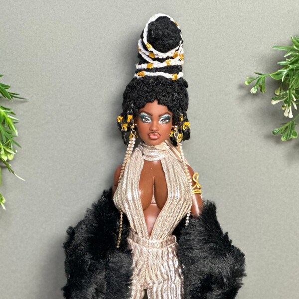 OOAK custom African American barbie doll Enhanced big chest big lips drag queen with multiple handmade outfits hair updo