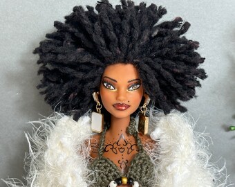 OOAK Barbie custom African American doll with tattoos and rerooted yarn hair lace jumpsuit crocheted olive green pants top bags jewelry