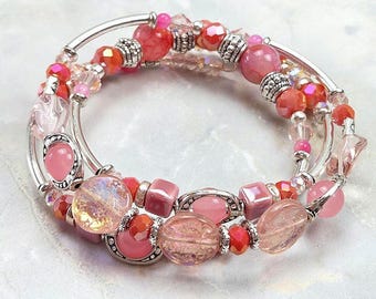 Pink 3-coil, Adjustable, Memory Wire Bracelet, custom orders available
