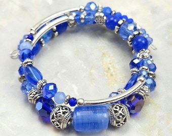 Blue adjustable, 3-coil Memory Wire Bracelet, custom orders available