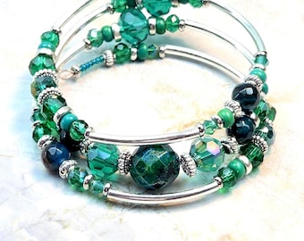 Teal, Adjustable, 3-coil memory wire bracelet, custom orders available