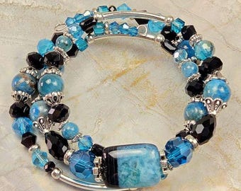 Aqua and black adjustable, 3-coil memory wire bracelet, custom orders available