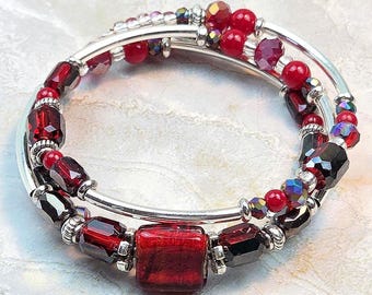 Ruby red and Silver, Adjustable, 3-coil Memory Wire Bracelet, custom orders available