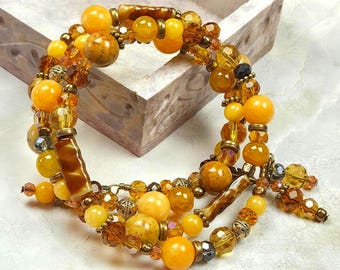 Yellow and Antique Gold, Adjustable, 3-coil Memory Wire Bracelet, custom orders available