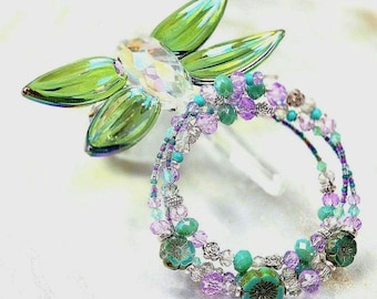 Pale teal and lilac, Adjustable, 3-coil memory wire bracelet, custom orders available