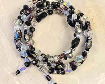 Black and Crystal 5-coil Adjustable, Memory Wire Bracelet, custom orders available