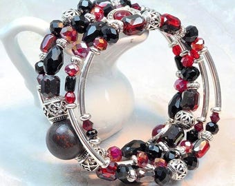 Red, Black and Silver, Adjustable, 3-coil Memory Wire Bracelet, custom orders available