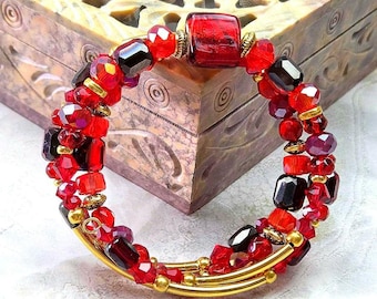 Red and Gold, Adjustable, Memory Wire Bracelet, custom orders available
