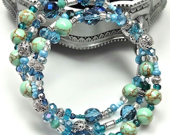 Aqua and green, Adjustable, 4-coil memory wire bracelet, custom orders available