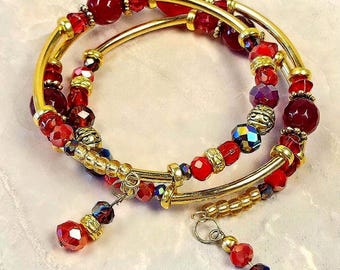 Red and Gold, Adjustable, Memory Wire Bracelet, custom orders available