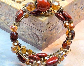 Red jasper, Adjustable, 3-coil memory wire bracelet, custom orders available