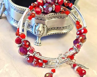 Red and Silver, Adjustable, 3-coil Memory Wire Bracelet, custom orders available