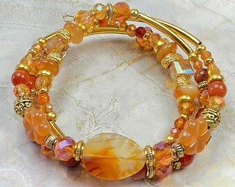 Carnelian/Agate, Adjustable, 3-coil Memory Wire Bracelet, custom orders available