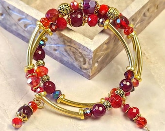 Red and Gold 3-coil, Adjustable, Memory Wire Bracelet, custom orders available