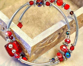 Red and Silver, Adjustable, Memory Wire Bracelet, custom orders available