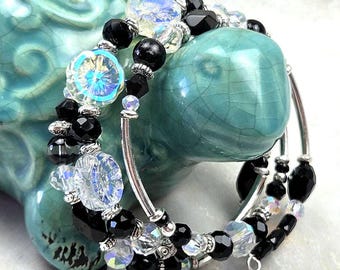 Black and Crystal 3-coil Adjustable, Memory Wire Bracelet, custom orders available