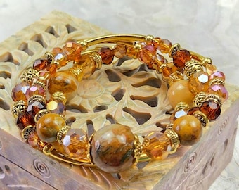 Yellow and Gold, Adjustable, 3-coil Memory Wire Bracelet, custom orders available