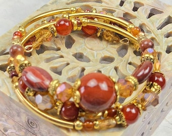 Red jasper and agate, handmade, adjustable, 3-coil memory wire bracelet, custom orders available