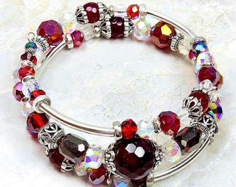 Ruby Red and Silver, Adjustable, 3-coil Memory Wire Bracelet, custom orders available