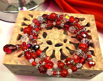 Ruby Red and Silver, Adjustable, 3-coil Memory Wire Bracelet, custom orders available