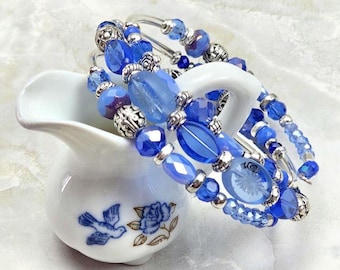 Blue adjustable, 3-coil Memory Wire Bracelet, custom orders available