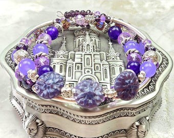 Handmade Purple, Glass and Stone 3-coil, Adjustable, Memory Wire Bracelet, custom orders available