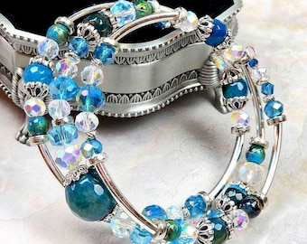 Handmade Aqua Blue, Adjustable, Memory Wire Bracelet, custom orders available