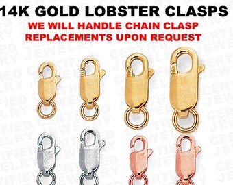 14K Solid Gold Lobster Clasp with Open Ring, Multiple Sizes, Gold White or Rose Gold, Real Gold