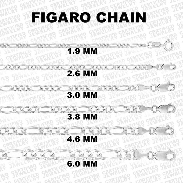 Solid 14K White Gold Figaro Chain Necklace, 7" To 24" Inch, 1.3mm To 6mm Thick. Real Gold Chain, Gold Curb Chain, Solid Gold Figaro Chain