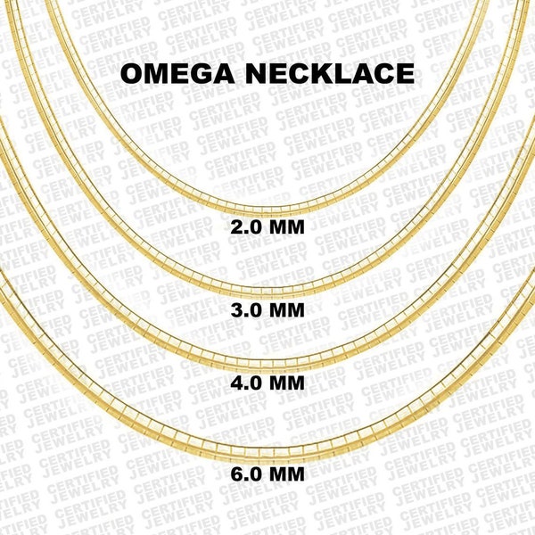 14K Solid Gold Classic Omega Chain Necklace, 16" 18" 20", 2.0 MM- 6.0 MM Wide Gold Omega Necklace Chain, For Women