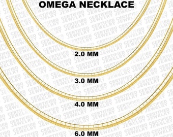 14K Solid Gold Classic Omega Chain Necklace, 16" 18" 20", 2.0 MM- 6.0 MM Wide Gold Omega Necklace Chain, For Women