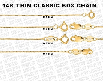 Solid 14K Yellow Gold Box Chain Necklace, 16" 18" 20" 24" Inch, 0.4mm 0.5mm 0.6mm, 0.7mm, Delicate Dainty Gold Chain, For Women