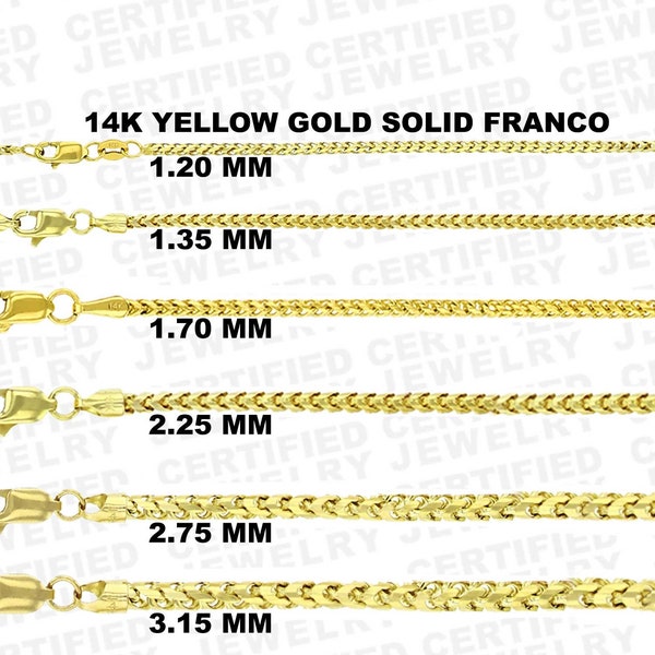 SOLID 14K Real Gold Franco Chain Necklace, 16"-28" inch, 1.2mm - 5.0mm Real 14K Yellow Gold Franco Chain,14k Solid Gold Chain, NOT HOLLOW