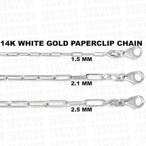 14k Solid White Gold Polished Paperclip Paper Clip 1.5mm To 2.5mm, Rectangular Link Necklace, Everyday Chain, Classic Chain, Thick Gold,