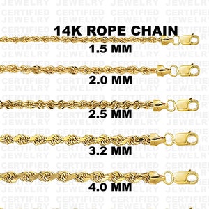 14K Yellow Gold Rope Chain Necklace, 16" 18" 20" 22" 24" Inch, 1.5MM - 4.5MM Thick, Real Gold, Diamond Cut Chain, Dainty Necklace