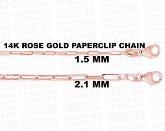 14k Solid Rose Gold gepolijste paperclip paperclip 1,5 mm, 2,1 mm, 16" - 20" rechthoekige schakelketting, alledaagse ketting, klassieke ketting, roségoud