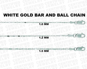 14K Solid White Gold Bead Chain, 16" 18" 20" Inch, 1mm 1.20mm 1.50mm Wide, Bar And Bead Chain, Bar And Ball Chain, Diamond Cut Chain, Women