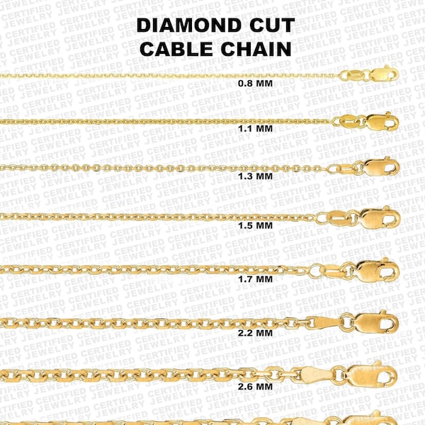 Solid 14K Yellow Gold Diamond Cut Oval Cable Link Chain Necklace, 16" To 30" Inch,0.8mm To 3.6mm Thick, Real Gold Chain,Men Women Gold Chain