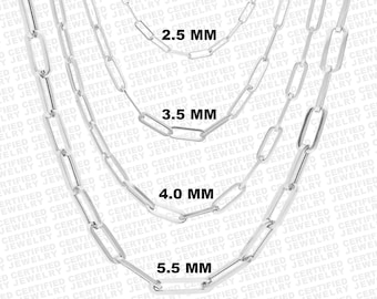 925 Italian Solid Sterling Silver Paperclip Necklace, Choker, Link Chain Necklace, Rectangle 14" to 24" inches, 2.5mm, 3.5mm, 4.0mm, 5.5mm,