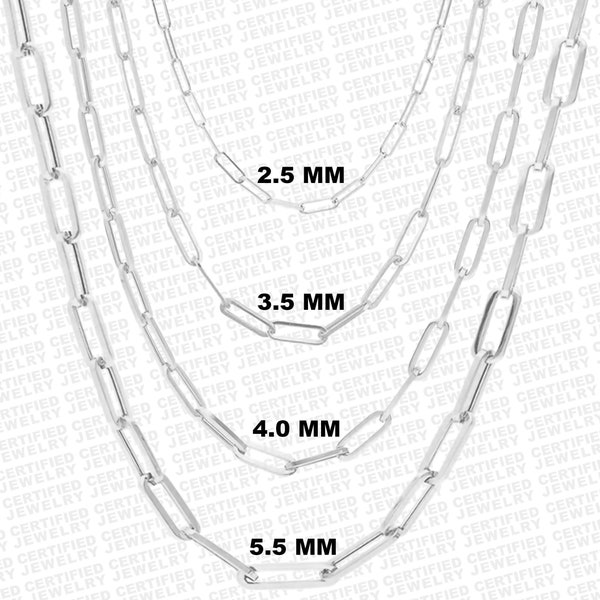 925 Italian Solid Sterling Silver Paperclip Necklace, Choker, Link Chain Necklace, Rectangle 14" to 24" inches, 2.5mm, 3.5mm, 4.0mm, 5.5mm,