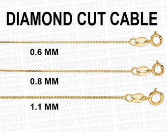 Solid 14K Yellow Gold Diamond Cut Cable Link Chain Necklace, 16" 18" 20" 24" Inch, 0.6mm 0.8mm 1.1mm, Delicate Dainty Gold Chain, For Women