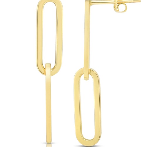 14K Solid Gold Paperclip Earrings Rectangle Link Earrings Etsy