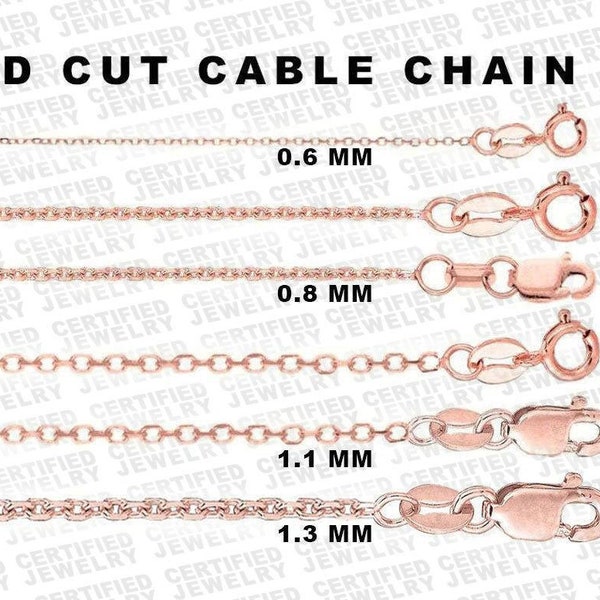 Solid 14K Rose Gold Diamond Cut Cable Link Chain Necklace,16" 18" 20" Inch, 0.6mm 0.8mm 1.1mm 1.3mm Solid Rose Gold Chain, Dainty Gold Chain