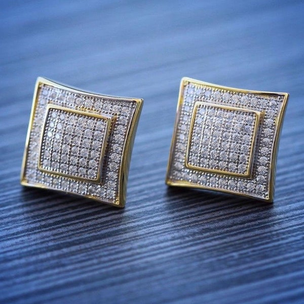 Men's Solid 14k Gold Large Square Lab Diamond Screw Back Earrings