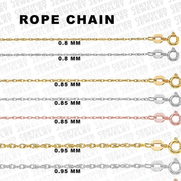 10k Gold Rope Chain, Dainty Gold Chain, 0.8mm, 0.85mm, 0.95mm, 1.0mm Thick, Delicate Gold Chain, Thin Gold , White Gold , Rose Gold , Woman