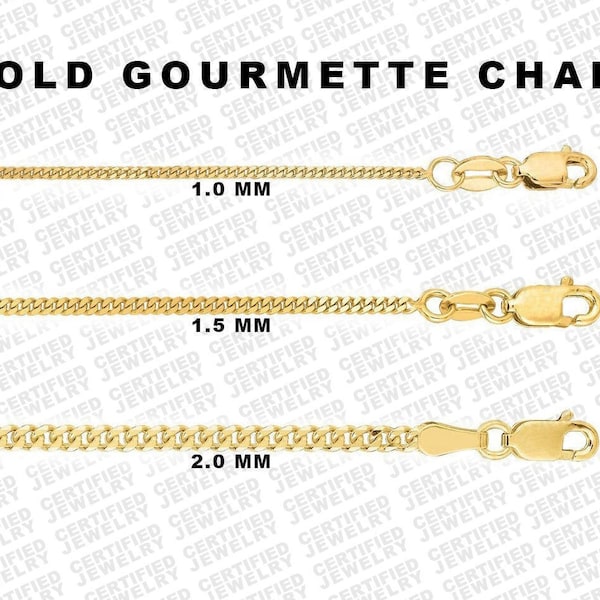 Solid 10K Yellow Gold Gourmette Chain Necklace, 16" 18" 20" 22" 24" Inch, 1mm 1.5mm 3mm Thick Gourmette Gold Chain, Thin Miami Cuban Chain